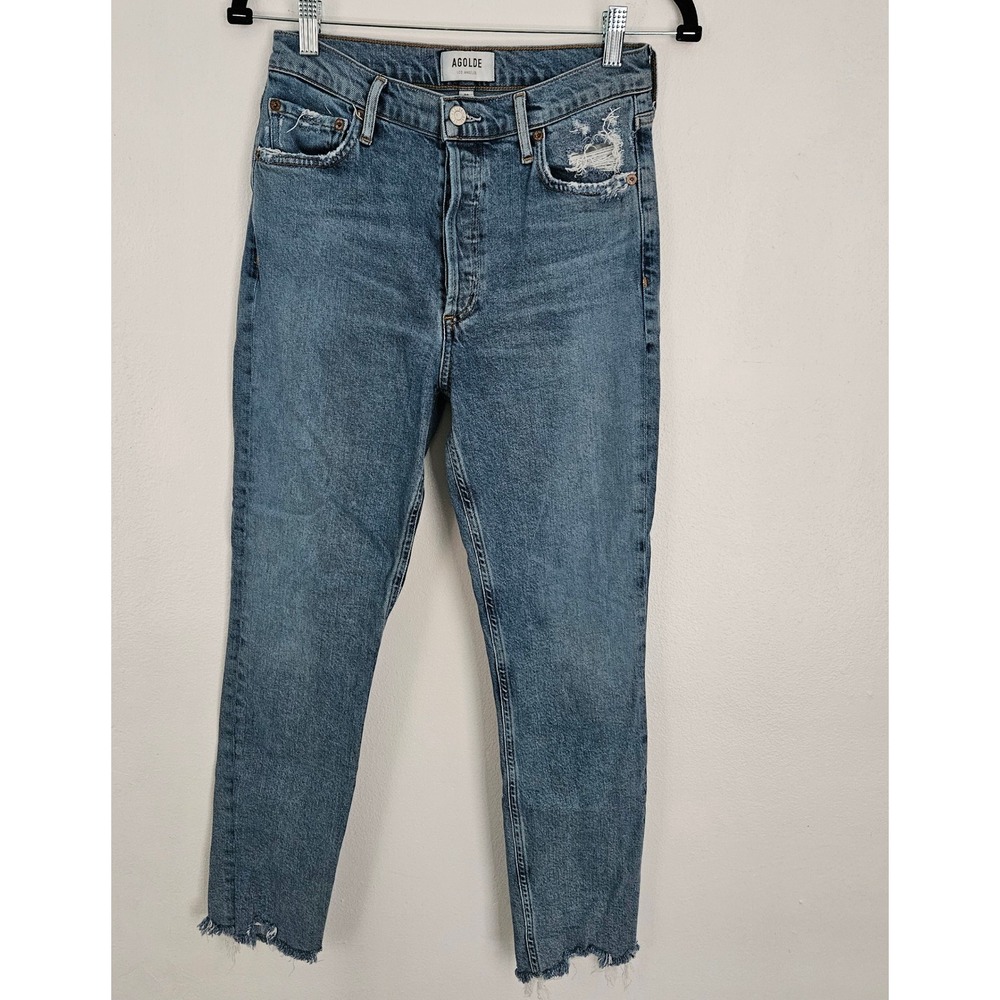 AGOLDE Nico‎ High Rise Slim Jeans Medium Wash Distressed Raw Hem Size 26